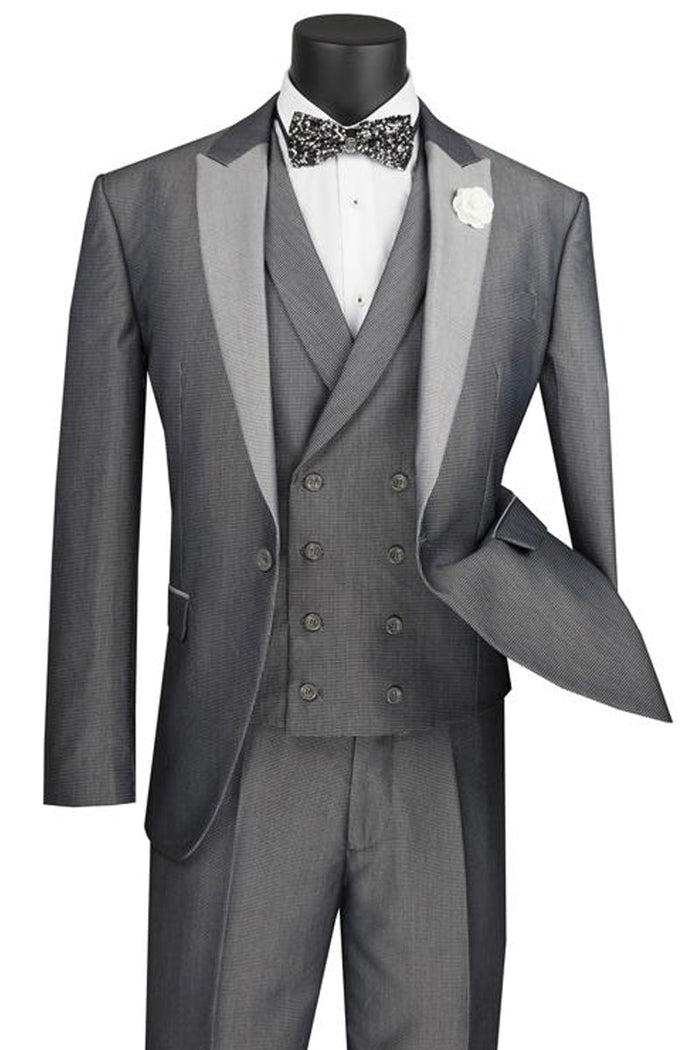 Mens 1 Button Contrast Peak Lapel Double Breasted Vest Tuxedo Suit in Black by Vinci