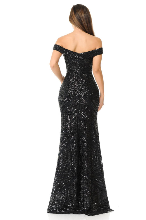 LENOVIA 5224 Off Shoulder Sequined Long Formal Dress
