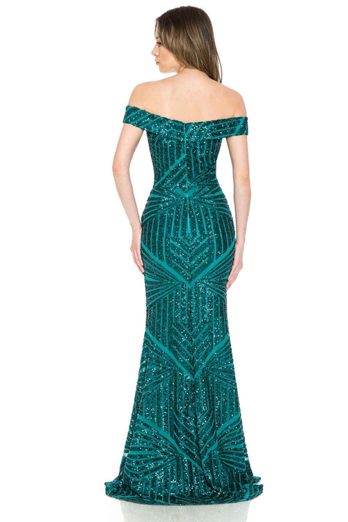 LENOVIA 5224 Off Shoulder Sequined Long Formal Dress