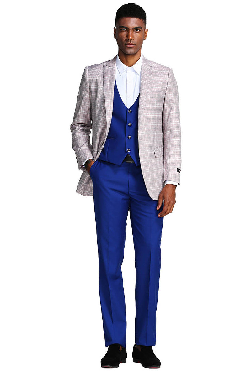 Men's Grey & Blue Glen Plaid Suit with Double Breasted Vest
