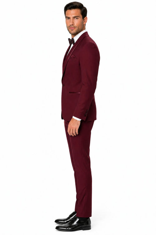 Maroon Prom Suit - Maroon Prom Tuxedo Suits - Maroon Wedding Tuxedo Mens One Button Satin Trim Shawl Tuxedo in Burgundy Wool by PROMTUXEDO