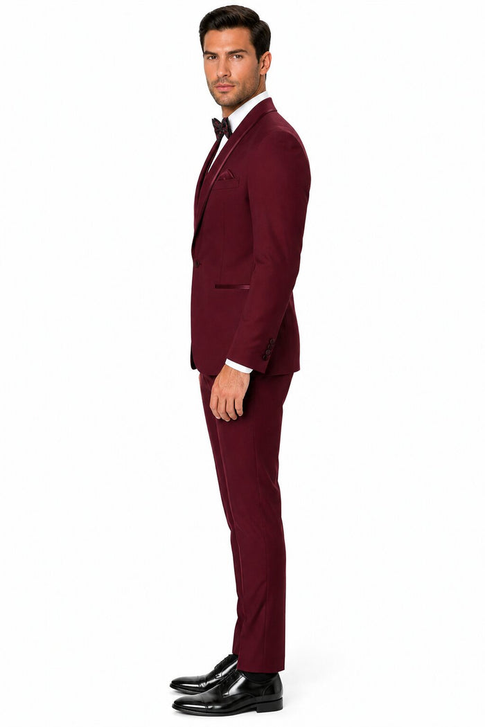 Maroon Prom Suit - Maroon Prom Tuxedo Suits - Maroon Wedding Tuxedo Mens One Button Satin Trim Shawl Tuxedo in Burgundy Wool by PROMTUXEDO