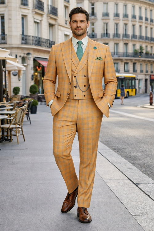 Orange Plaid Suit - Vested Suit - 3 Piece Suits - Peak Lapel Suits - Windowpane Suit - 2 Button