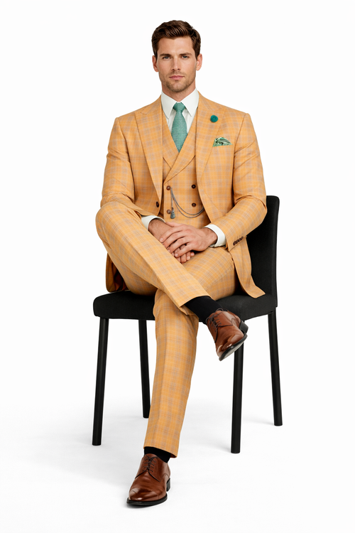 Orange Plaid Suit - Vested Suit - 3 Piece Suits - Peak Lapel Suits - Windowpane Suit - 2 Button