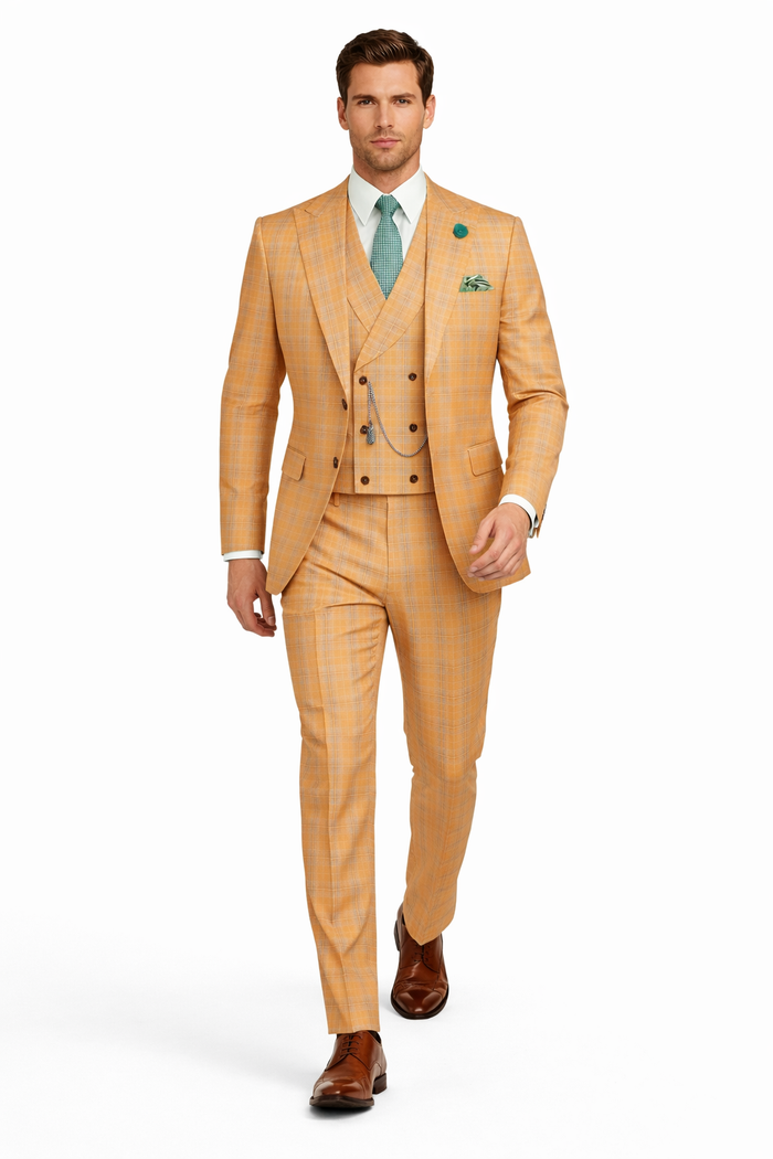 Orange Plaid Suit - Vested Suit - 3 Piece Suits - Peak Lapel Suits - Windowpane Suit - 2 Button