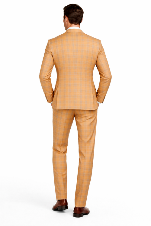 Orange Plaid Suit - Vested Suit - 3 Piece Suits - Peak Lapel Suits - Windowpane Suit - 2 Button