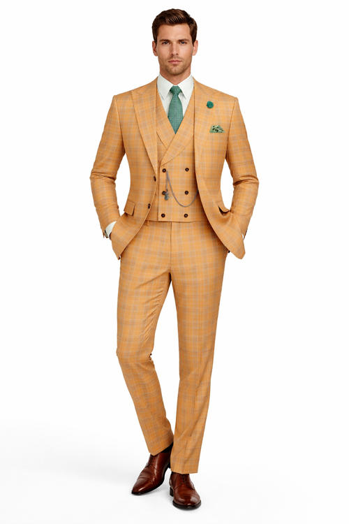 Orange Plaid Suit - Vested Suit - 3 Piece Suits - Peak Lapel Suits - Windowpane Suit - 2 Button