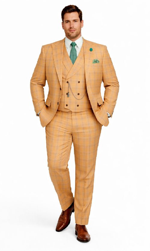 Orange Plaid Suit - Vested Suit - 3 Piece Suits - Peak Lapel Suits - Windowpane Suit - 2 Button