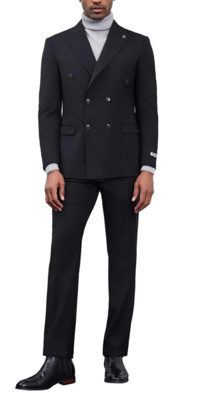 Men's Designer Stacy Adams Classic Double Breasted Suit in Black  Peak Lapel Slim fit