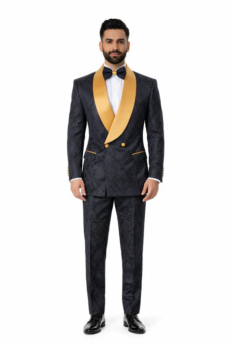 Men’s Black and Gold Hollywood Tuxedo – Double-Breasted Shawl Lapel Prom, Wedding and Formal Suit