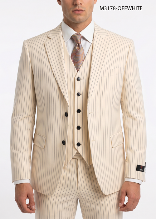 Men’s Ivory Cream Pinstripe Scarface Suit – Vintage Gangster Modern Fit 3-Piece Wedding Suit