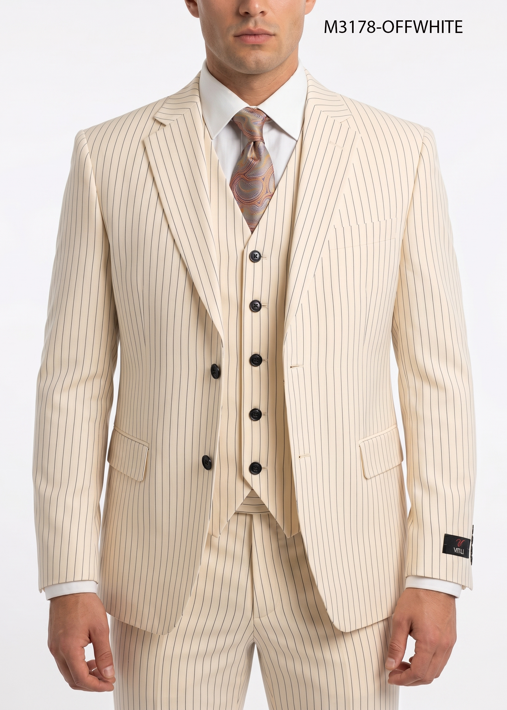 Men’s Ivory Cream Pinstripe Scarface Suit – Vintage Gangster Modern Fit 3-Piece Wedding Suit
