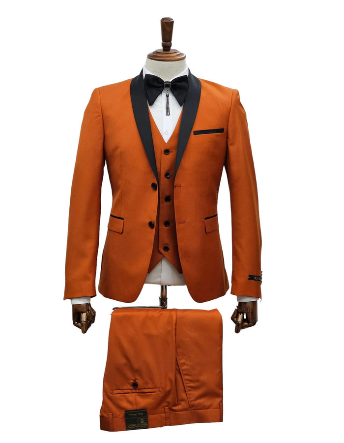 Men's Burnt Orange Tuxedo Suit - 3-Piece Slim Fit with Black Satin Shawl Lapel by USA Men's Outlet