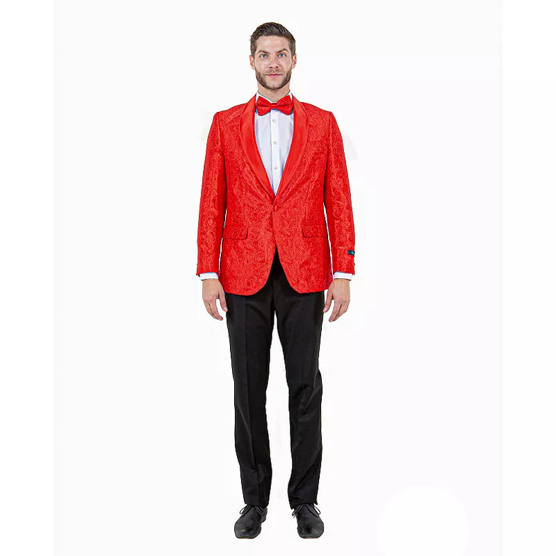 Big and Tall Mens Red Paisley Tuxedo Jacket – Satin Shawl Lapel Blazer with Bow Tie - Christmas Jacket