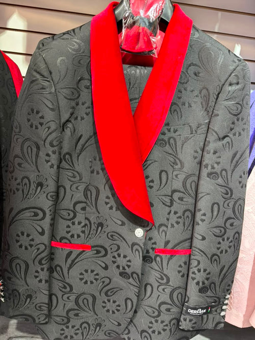 Men’s Black Paisley Tuxedo with Red Velvet Shawl Lapel – 3 Piece Wedding Prom Suit With Matching Bowtie