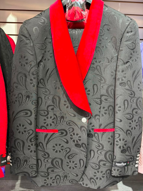 Men’s Black Paisley Tuxedo with Red Velvet Shawl Lapel – 3 Piece Wedding Prom Suit With Matching Bowtie