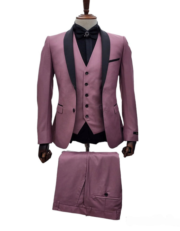 Men's Mauve Pink Tuxedo Suit - 3-Piece Slim Fit with Black Satin Shawl Lapel by USA Men's Outlet