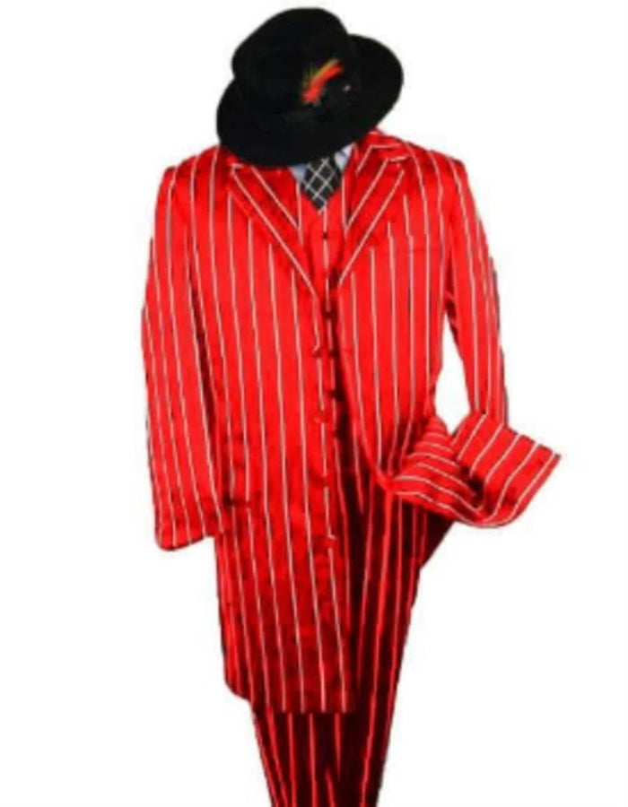 Men’s Red Pinstripe Zoot Suit - 1920s Gangster Pimp Style with Long Jacket & Matching Hat by USA Men's Outlet