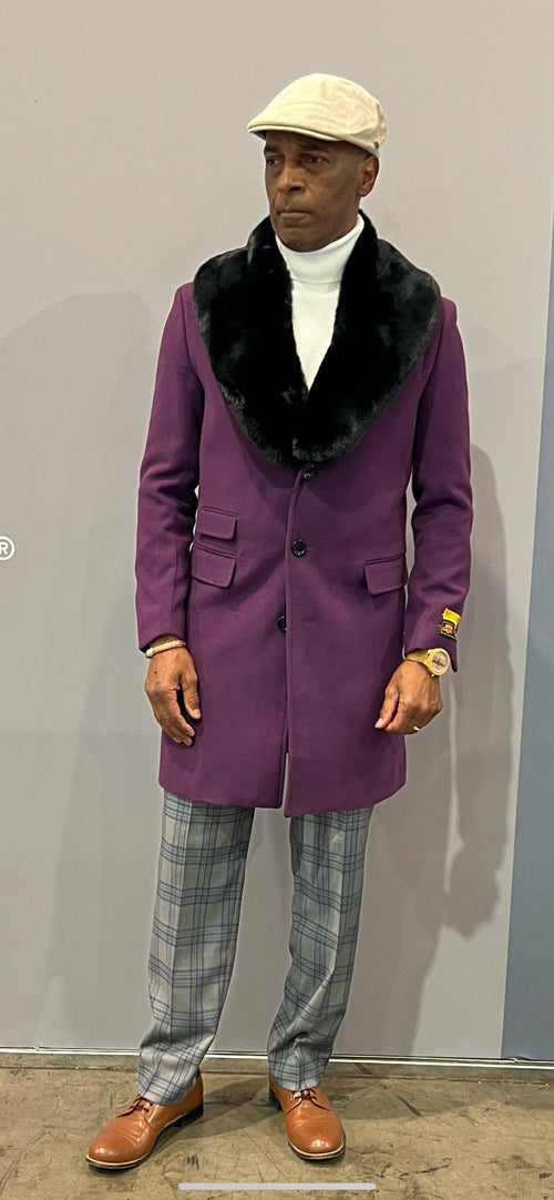 Mens Purple Wool Overcoat with Black Faux Fur Collar - Luxury Winter Dress Coats for Formal and Casual Wears by USA Men's Outlet