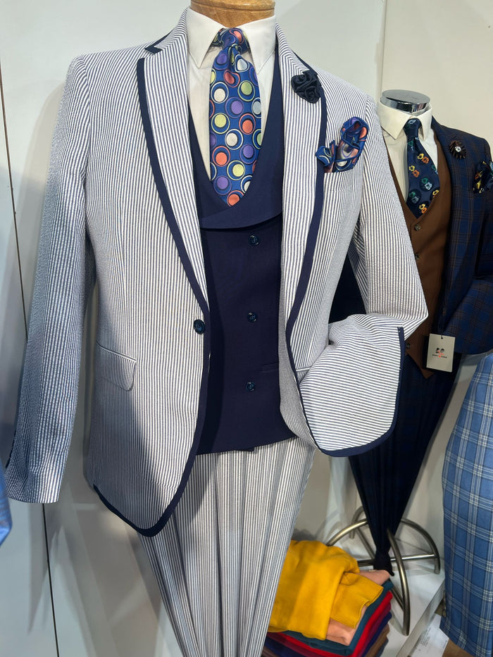 Men's White and Navy Pinstripe Suit with Contrast Trim - 3-Piece Seersucker Style Set for Weddings and Summer Events by USA Men's Outlet