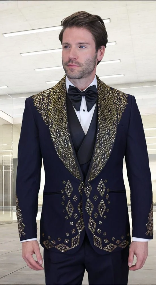 Men’s Navy Tuxedo with Gold Embroidery - Slim Fit Formal Dinner Jacket with Shawl Lapel by USA Men's Outlet