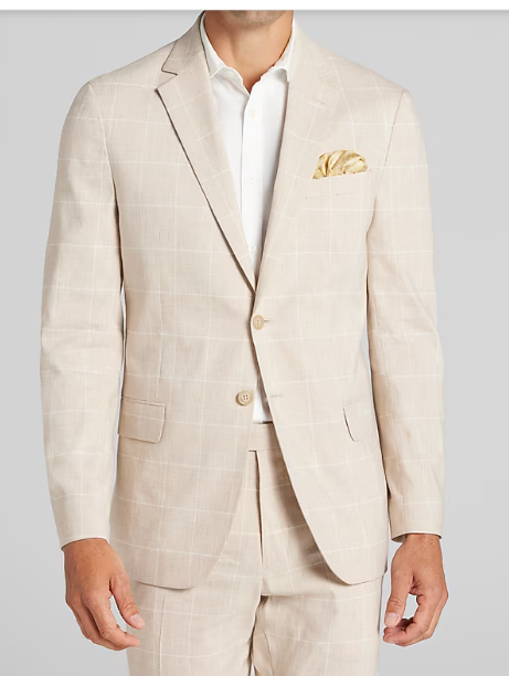 Men’s Big and Tall Beige Linen Suit – Summer Wedding and Formal 2-Piece Suit