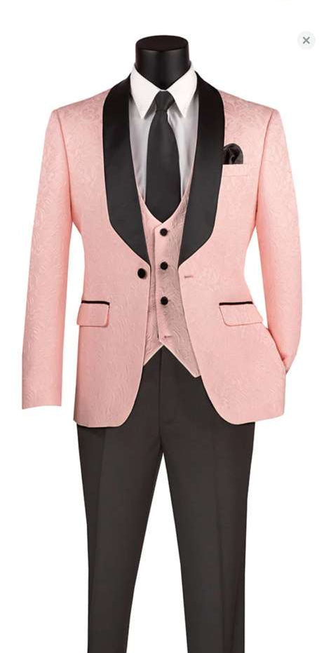 Men’s Blush Pink Tuxedo Suit Set with Black Shawl Lapel - 3 Piece Formal Wedding and Party Prom Vest + Black Pants by USA Men's Outlet