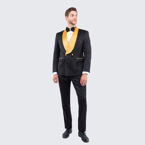 Men’s Black and Gold Jacquard Tuxedo Suit - Luxury Slim Fit Formal Wedding, Prom, and Gala Outfit by USA Men's Outlet