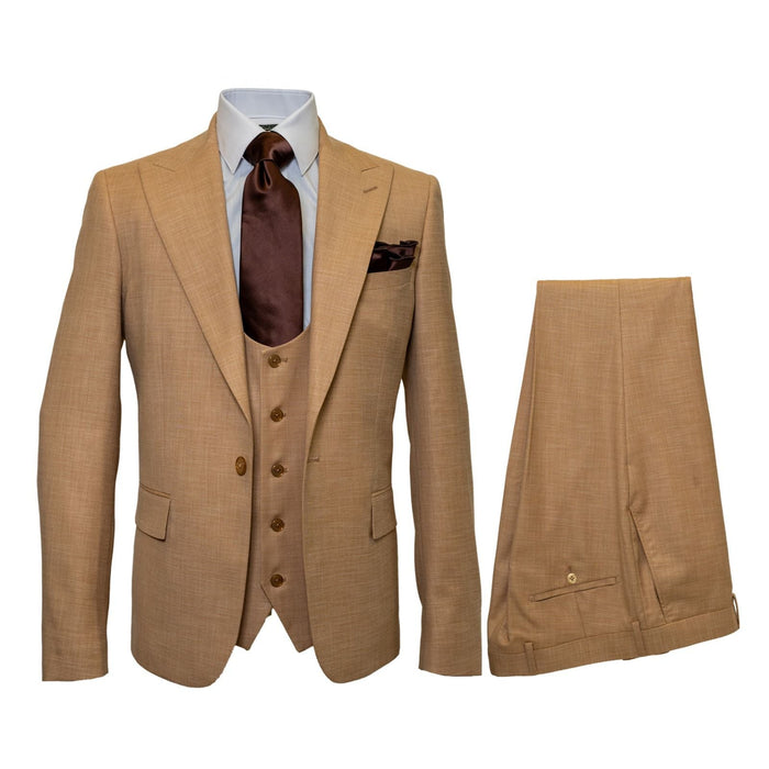 Men's Tan Three-Piece Suit with Vest - Classic Tailored Fit in camel khaki Bronze color By Rossiman USA Men's Outlet