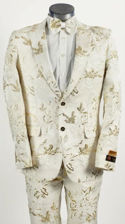 Men’s White and Gold Patterned Blazer - Paisley Floral Pattern Prom Wedding Suit Tuxedo Dinner Jacket + Bowtie by USA Men's Outlet
