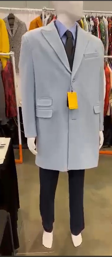 Mens Light Blue Wool Overcoat - Modern Long Coat with Classic Tailored Fit in Sky Blue by USA Men's Outlet