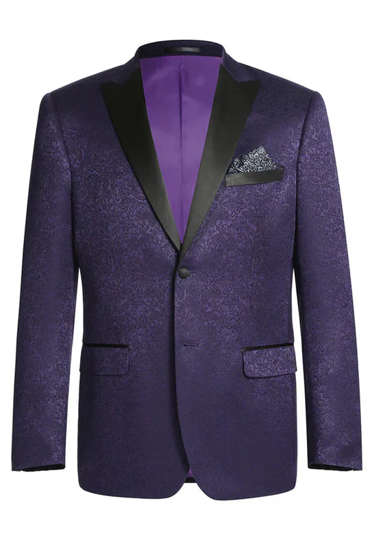 Men’s Purple Paisley Tuxedo Jacket - Ultra Slim Fit Dinner Blazer with Black Satin Peak Lapel by USA Men's Outlet
