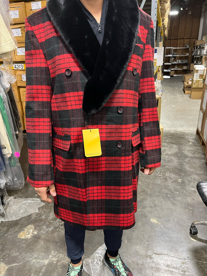 Mens Red and Black Plaid Wool Overcoat with Black Faux Fur Shawl Collar - Double-Breasted Winter Coat - Tartan Design by USA Men's Outlet
