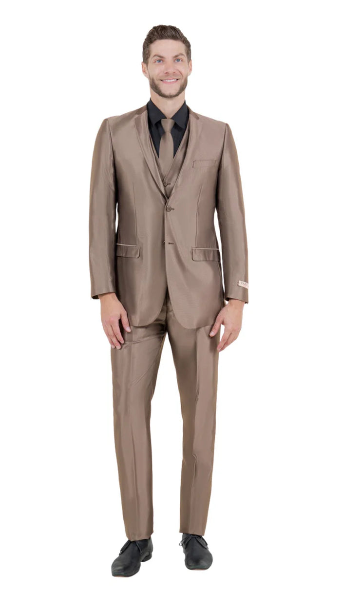 Men’s Sateen Shiny Metallic Mocca Taupe Gold Bronze 3-Piece Suit Set - Shiny Finish slim Fit Formal and Party Suit USA Men's Outlet