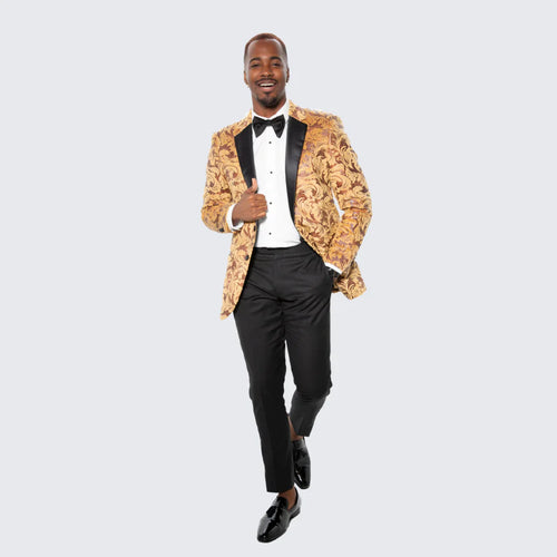 Men’s Yellow Gold Baroque Pattern Tuxedo Blazer Suit - Party and Wedding Jacket Prom Paisley Black Pants USA Men's Outlet