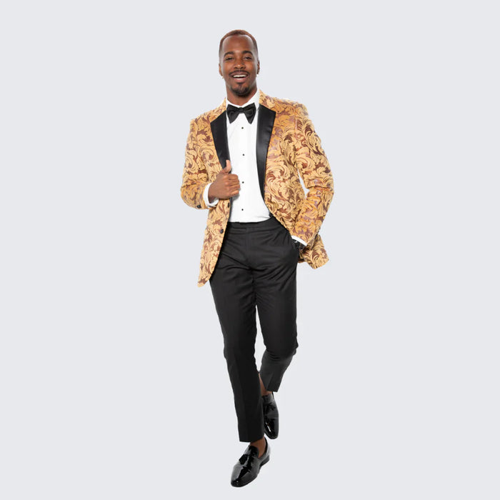 Men’s Yellow Gold Baroque Pattern Tuxedo Blazer Suit - Party and Wedding Jacket Prom Paisley Black Pants USA Men's Outlet