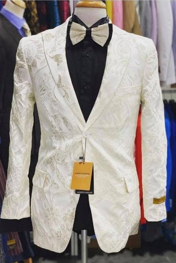 Men’s Ivory Floral Embroidered Tuxedo Jacket - Elegant Wedding and Party Blazer in Cream Color With Ivory Pants USA Men's Outlet