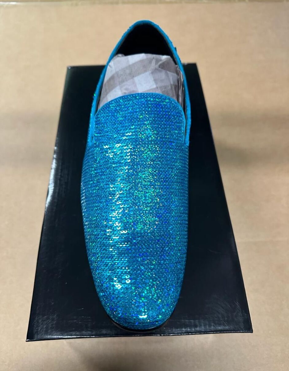 Men's Turquoise Blue Sequin Glitter Loafers - Sparkling Slip-On Party Dress Shoes for Prom, Weddings, and Nightlife by USA Men's Outlet
