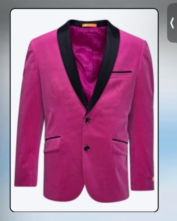Men’s Fuchsia Tuxedo Blazer with Black Satin Lapel - Stylish Party and Wedding Jacket in Hot Pink Color with Black Pants by USA Men's Outlet