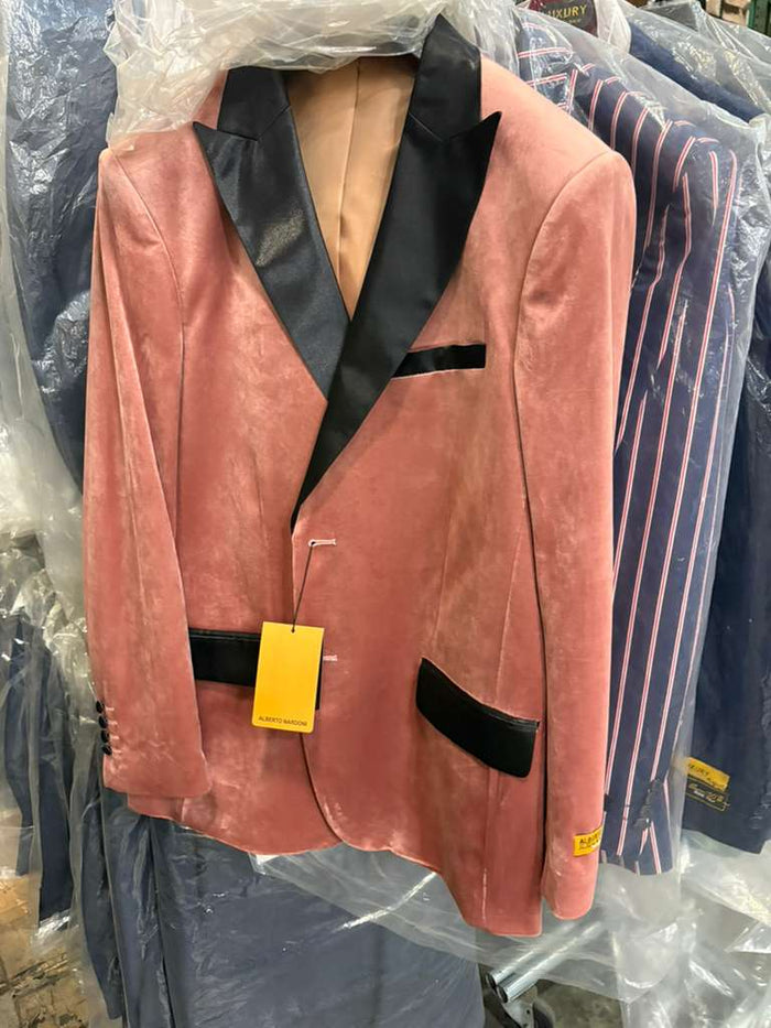 Men’s Dusty Rose Pink Velvet Blazer with Black Satin Lapel - Formal Sport Coat in Mauve Color + Bowtie USA Men's Outlet