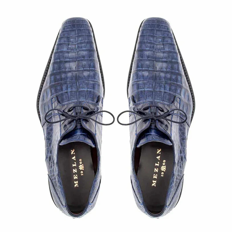 Mezlan Blue Crocodile Alligator Embossed Leather Dress Shoes for Men – Luxury Lace Up Oxford Shoes – Blue Exotic Pattern Formal – SuitUSA