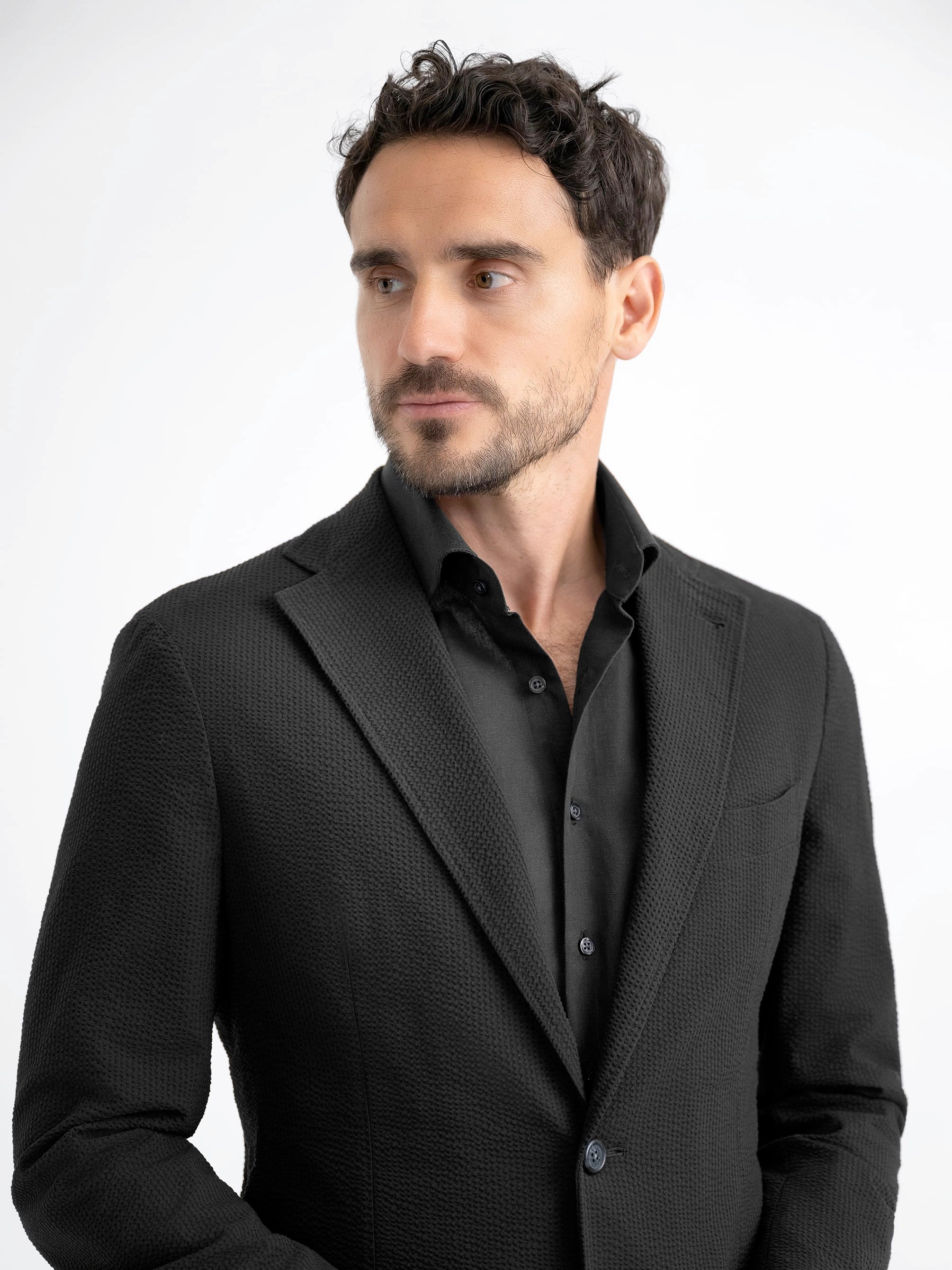 Men’s Black Seersucker Blazer – Textured Two-Button Notch Lapel Formal & Summer Sport Jacket in Black Tone-on-Tone Cotton Fabric – SuitUSA