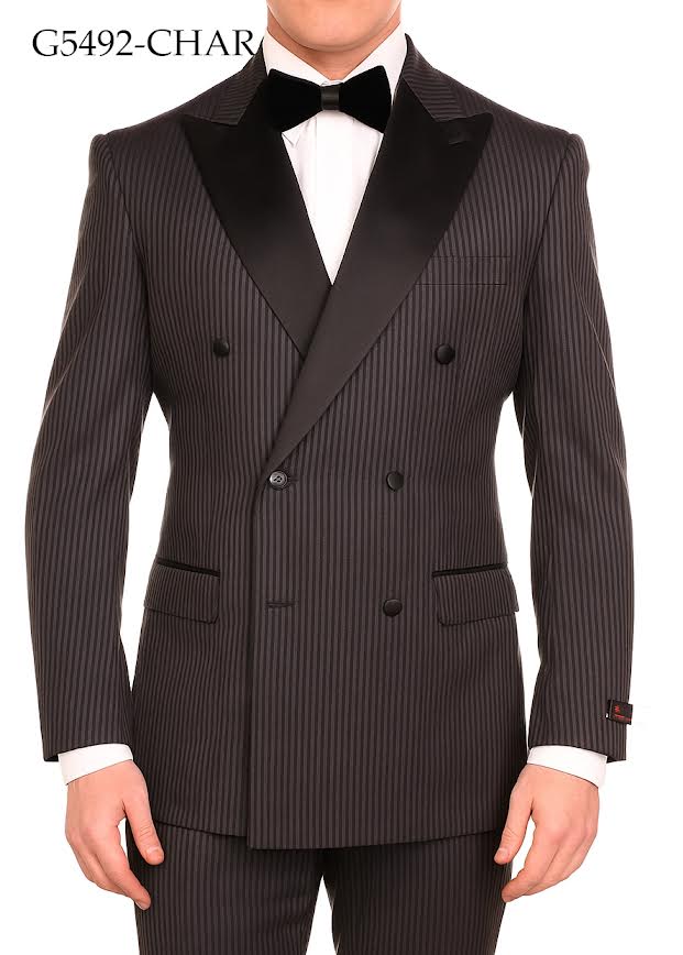 Men’s Black Shadow Pinstripe Double-Breasted Tuxedo Tone on Tone Formal Wedding  Suit Modern Fit 1920s Style