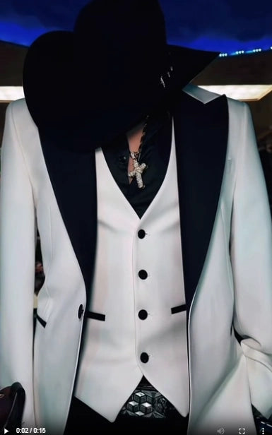 Men’s White Cowboy Tuxedo with Black Satin Lapel – Western Formal Suit with Matching Vest – SuitUSA