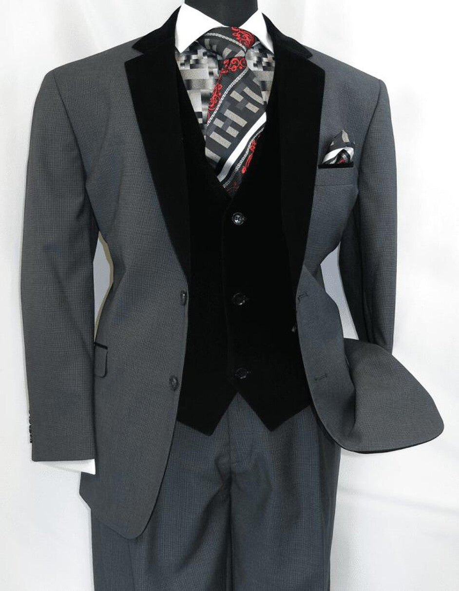 Men's Charcoal Gray 3-Piece Suit with Black Velvet Lapel – Formal Business and Wedding Attire - Gray Tuxedo