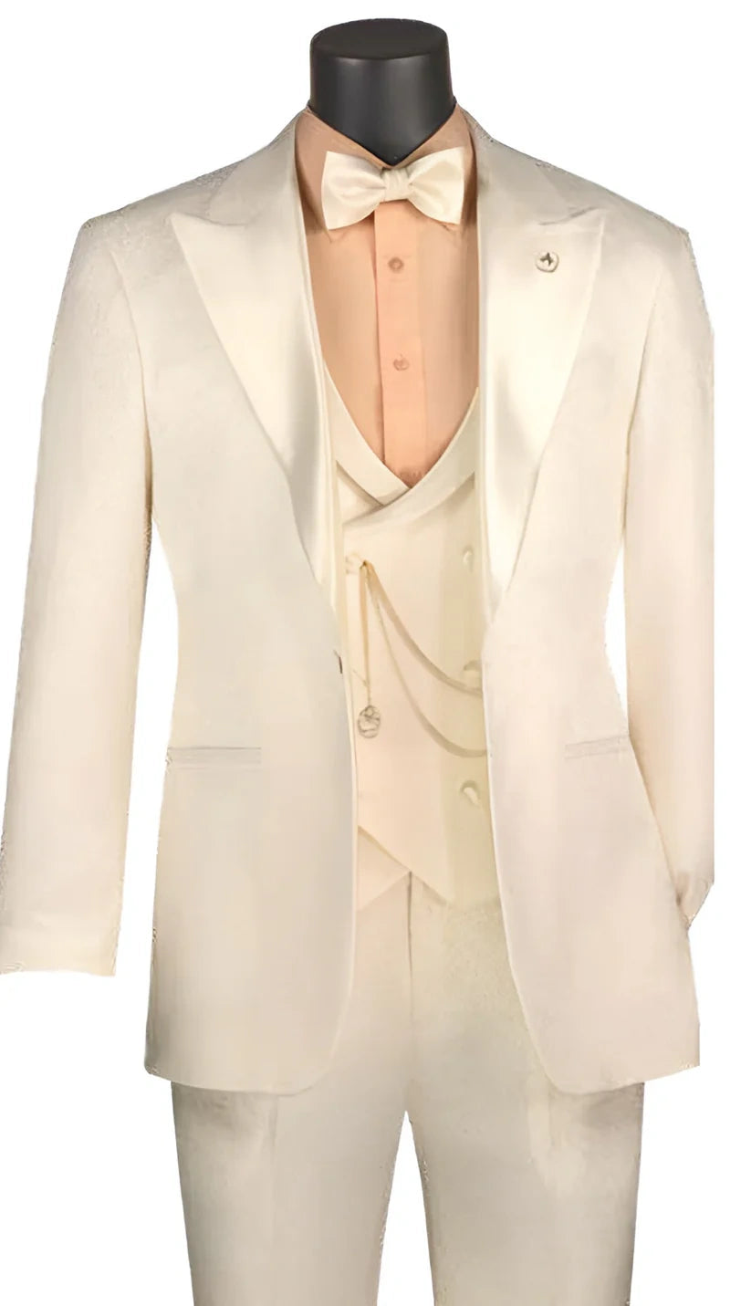 Vinci Men’s Ivory Three Piece Suit – Ivory 3PC Formal Wedding Suit for Groom, Prom and Black Tie Events