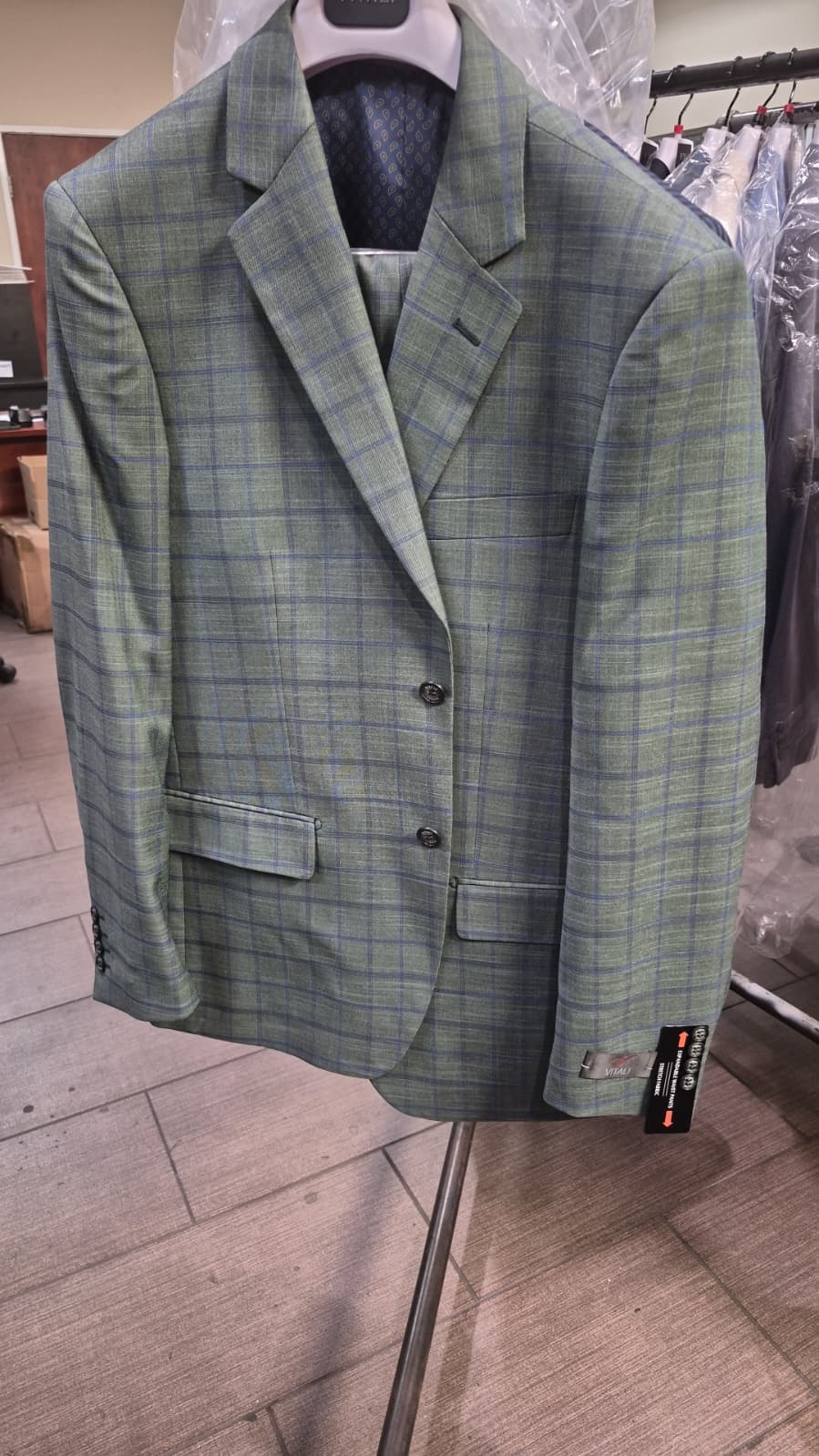Men’s Sage Green Windowpane 2-Piece Suit – Modern Fit Plaid Wedding, Business and Formal Suit