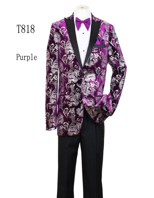 Product Title: Men's Pinkish ~ Purple Paisley Tuxedo Jacket with Black Satin Lapel – Formal Prom and Wedding Blazer in Meganta Color
