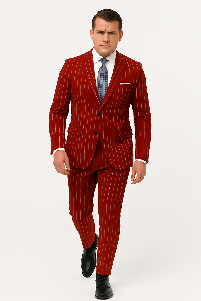 Men’s Red Pinstripe Suit - Stripe Two-Button Vested Suit 2 Buttons by USA Men's Outlet
