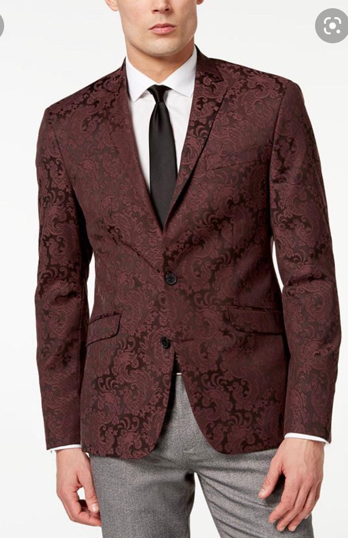 Men’s Burgundy Paisley Blazer Sport Coat - Velvet Dinner Jacket floral in Maroon Wine Color Ultra Slim Fit Smoking Jacket by USA Men's Outlet